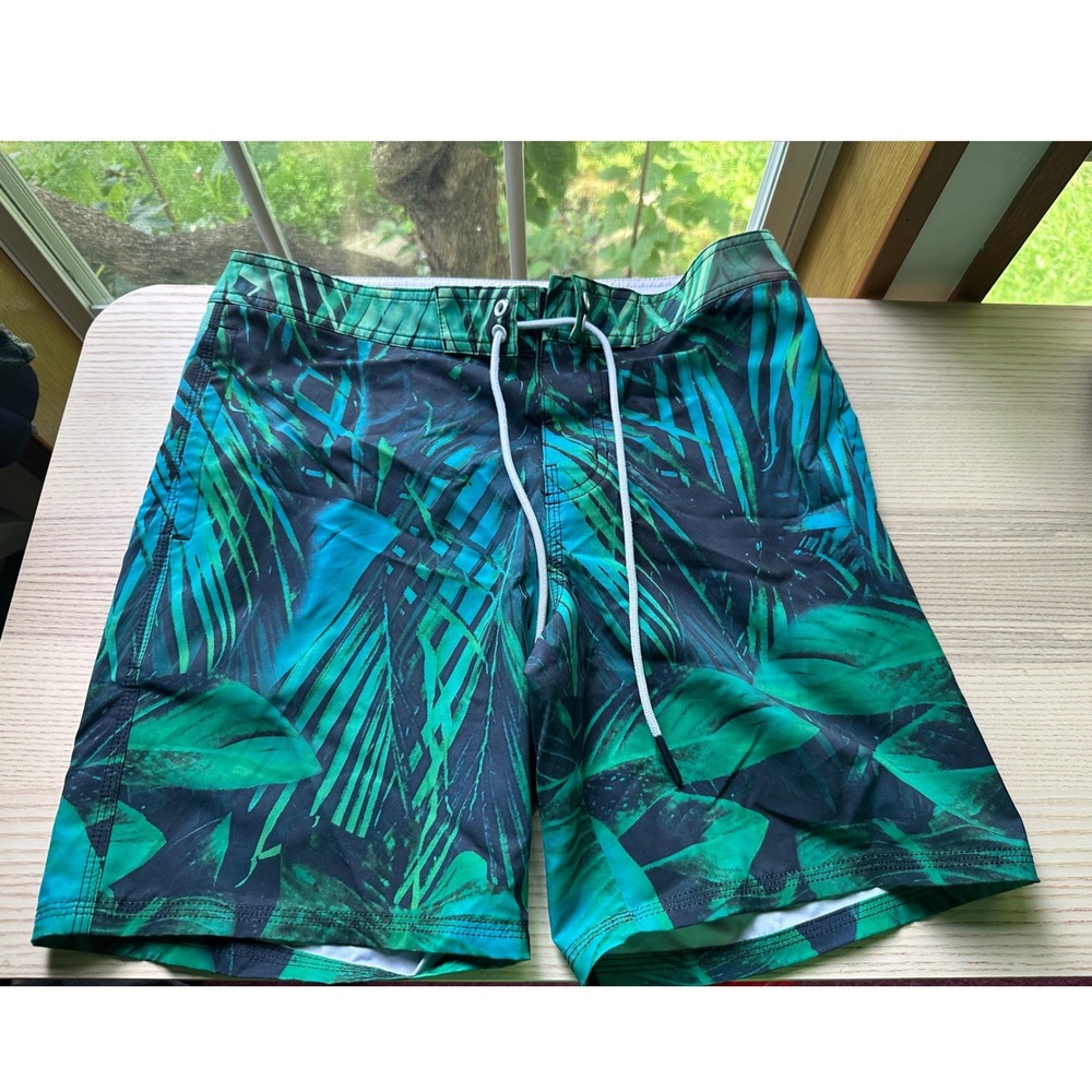 American Eagle Mens Tropical Palm Leaf Board Shorts Green Teal Swim Trunks Small